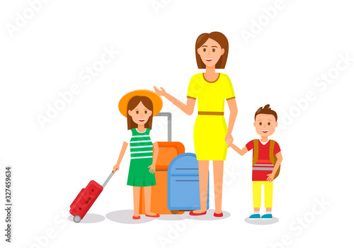 Happy Young Woman in Yellow Dress Standing with Children and Luggage Isolated on White Background. Mother Travelling with Little Daughter and Son Characters Cartoon Flat Vector Illustration  Clip Art.
