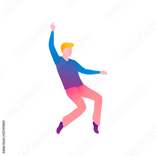 A man in a disco, a flat vector illustration. A young man, dancing in a club on the dance floor and having fun. The guy performs on the dance floor in a nightclub isolated on a white background.