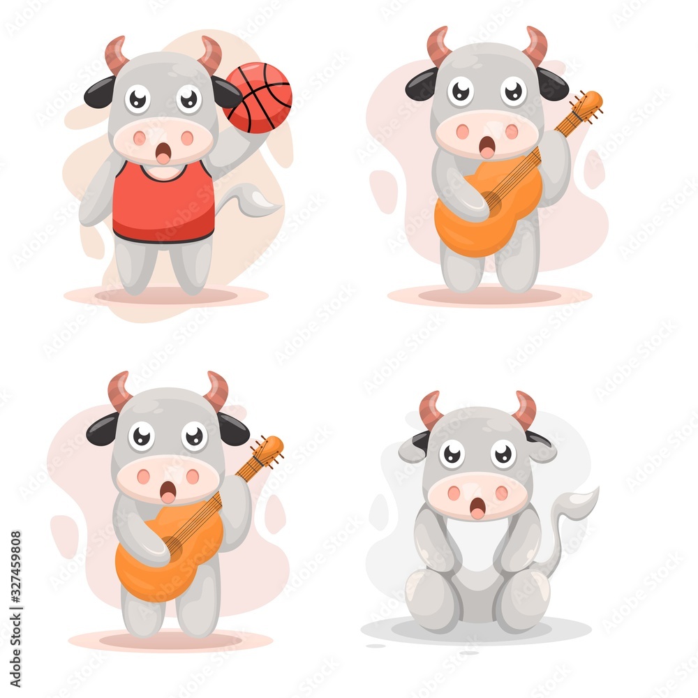 Fototapeta premium adorable cow play guitar and basketball cartoon vector
