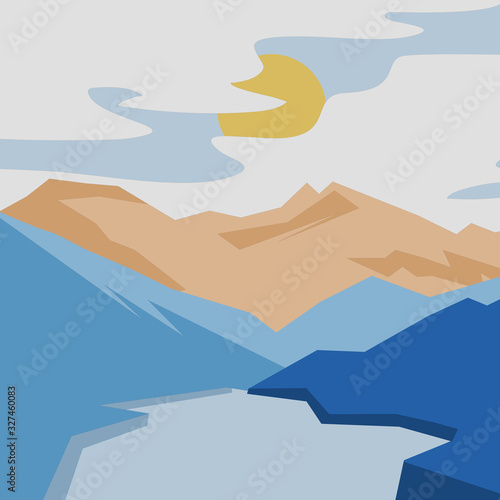 Vector square landscape shows sky,mountain,river in classic blue color tones.