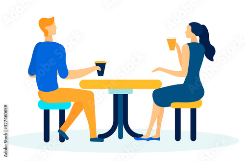 Friends or Coworkers Having Coffee Break Cartoon. Flat Vector Man and Woman Characters Sitting at Table, Talking and Drinking Takeaway Hot Beverage in Cardboard Cup. Isolated Illustration