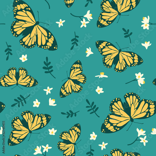 Vector seamless pattern with bright butterflies, leaves and flowers. Hand drawn texture design. © Pyzhova