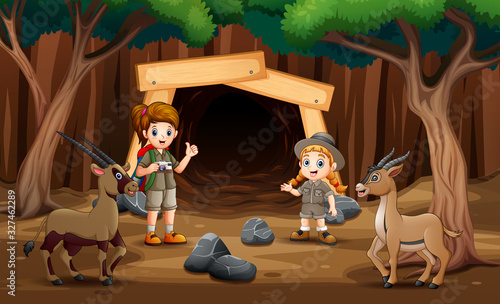 Scouts girls exploring the mine illustration