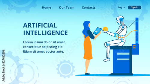 Banner Presents Artificial Intelligence Development and Teaching Process in Laboratory. Woman Researcher with Tablet Standing in front of Robot Sitting and Holding Toy Ball. Vector Illustration