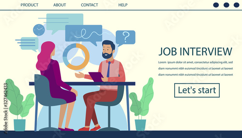 Job Interview Landing Page. Human Resource and Hiring Process Design. Cartoon Flat Man, Boss Chief, HR Manager Interviewing Female Candidate, Woman Work Seeker. Vector Office Interior Illustration