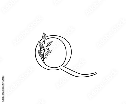 Initial Q letter with leaves Line Shape logo Icon. 