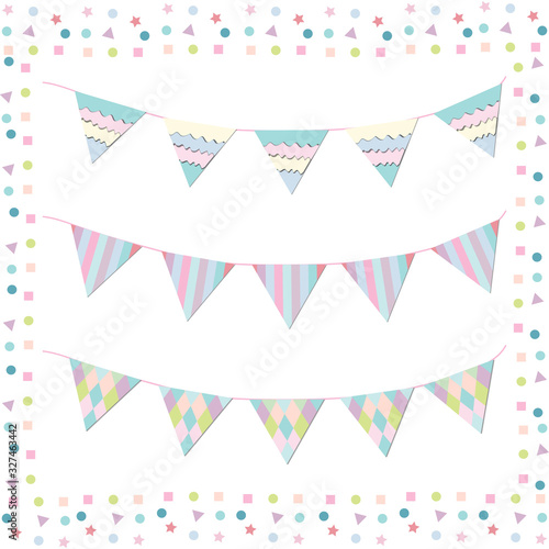 festive garland and multicolored flags on a string and frames on a white background, vector illustration