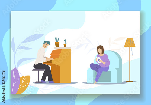 Playing Piano and Sinning Hobbies Cartoon. Male and Female Characters Sit in Living Room. Home Musicians Entertainment. Listening to Music. Pianist and Singer Duet. Cartoon Flat Vector Illustration