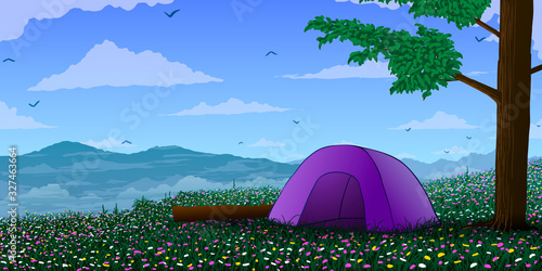 Vector illustration of a camping in the mountains in spring. Tent in a flowering meadow under a tree.