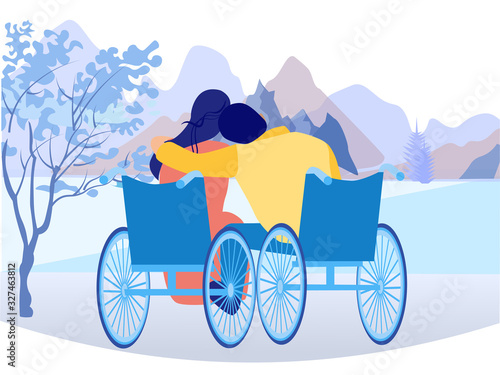 Loving Girlfriend and Boyfriend in Wheelchairs View from Back. Man and Woman with Disabilities Falling in Love. Handicapped People Looking on Mountains. Romantic Relationships. Vector Illustration