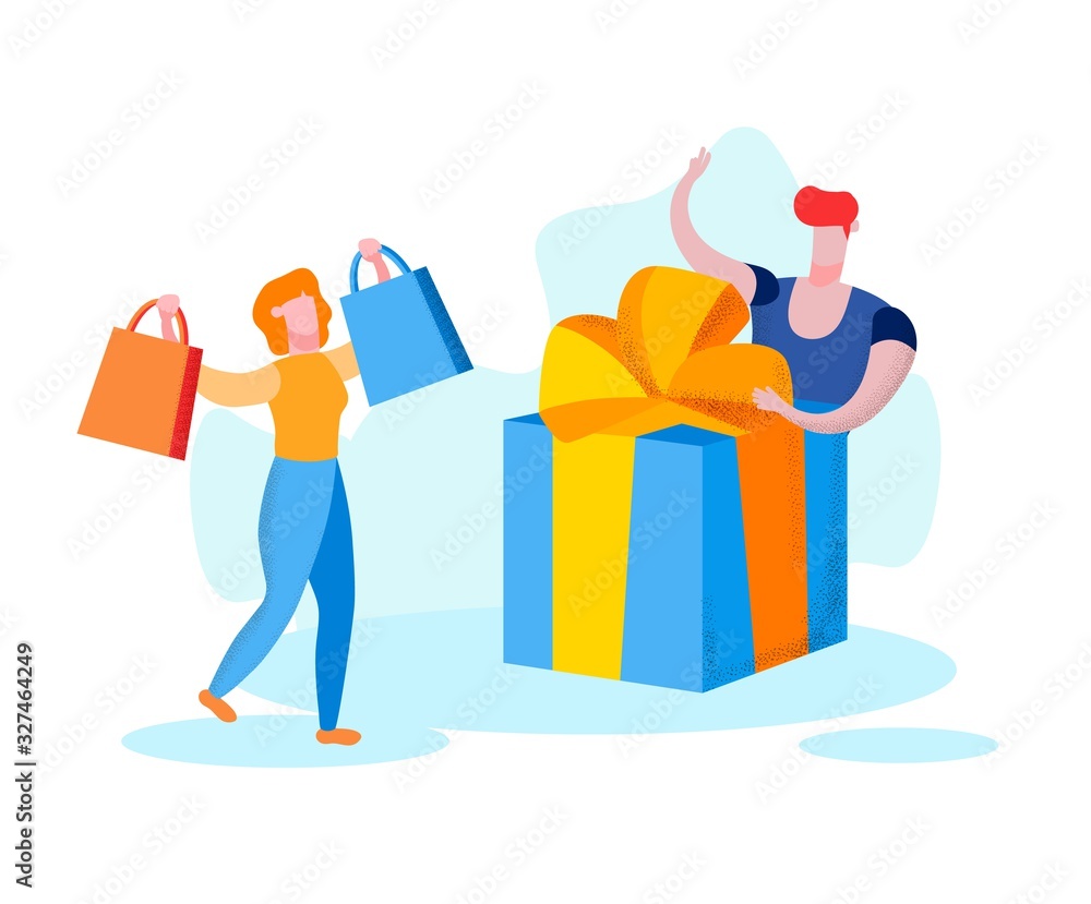 Woman with Yellow and Blue Bags in Hands and Man With Gift Box. Advertising Image. Vector Illustration. Sale and Shopping. People with Packages in Hands Make Shopping. Online Shopping. Woman with Yellow and Blue Bags in Hands and Man With Gift Box. Advertising Image. Vector Illustration. Sale and Shopping. People with Packages in Hands Make Shopping. Online Shopping.