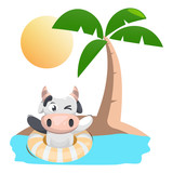 cow swimming in the beach cartoon vector