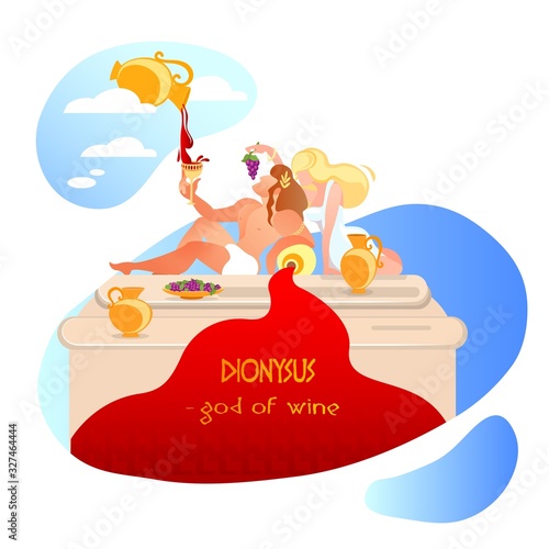 Dionysus, Bacchus with Wine Goblet, Ancient Greek Mythology God of Vegetation, Viticulture, Winemaking, Productive Forces of Nature, Inspiration and Religious Ecstasy Cartoon Flat Vector Illustration photo