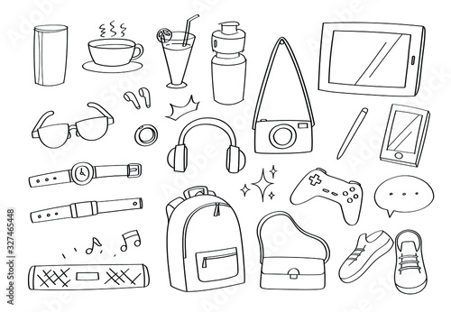 Cute doodle lifestyle gadgets accessories cartoon icons fashion and objects.