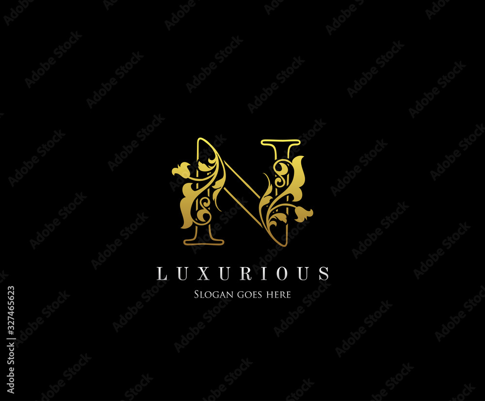 Gold N letter luxury beauty flourishes ornament monogram logo perfect for boutique, wedding invitation, restaurant,hotel.