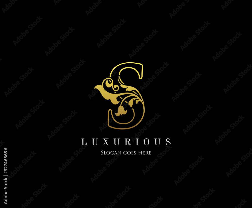 Gold S letter luxury beauty flourishes ornament monogram logo perfect for boutique, wedding invitation, restaurant,hotel. Gold S letter luxury beauty flourishes ornament monogram logo perfect for boutique, wedding invitation, restaurant,hotel.