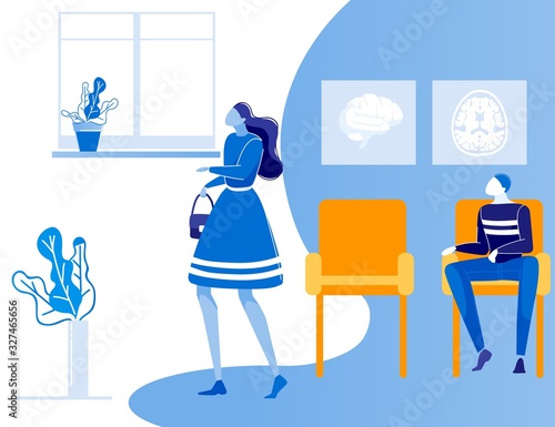 People Characters Queue at Hospital Hallway Cartoon. Man Sitting on Chair and Waiting his Turn. Woman Going to Doctor Office. Human Brain Images Hanging on Wall. Vector Flat Illustration