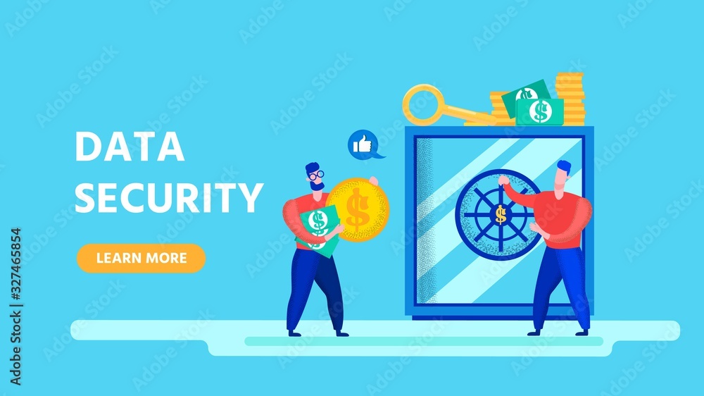 Flat Design Landing Page Offering Data Security. Cartoon Men Characters Saving Money on E-Wallet. Protection for Finance, Information and Document. Confidential Business. Vector Illustration