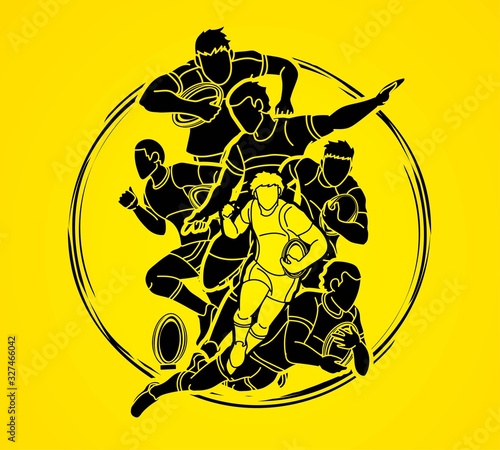 Group of Rugby players action cartoon sport graphic vector