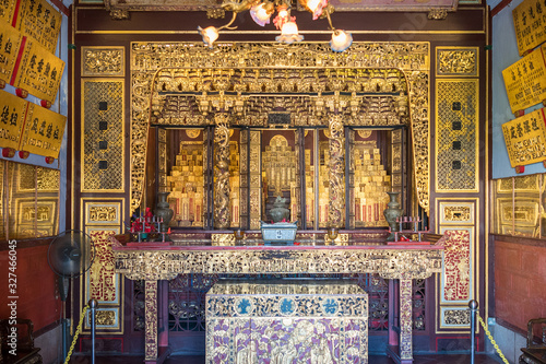 Altar with ancestral tablets inside the Khoo Kongsi, a large Chinese clanhouse with elaborate and highly ornamented architecture and one main attraction of Penang