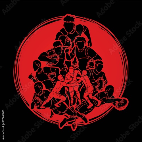 Group of Rugby players action cartoon sport graphic vector