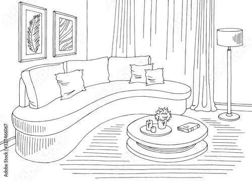Living room graphic black white home interior sketch illustration vector