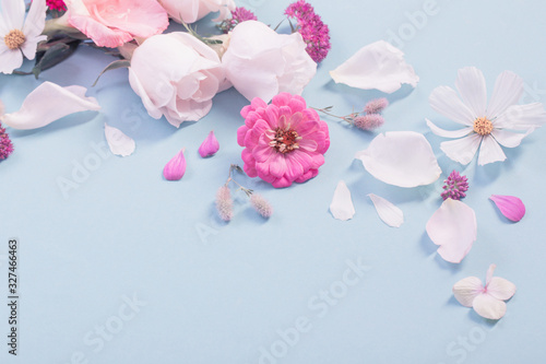 summer flowers on blue paper background
