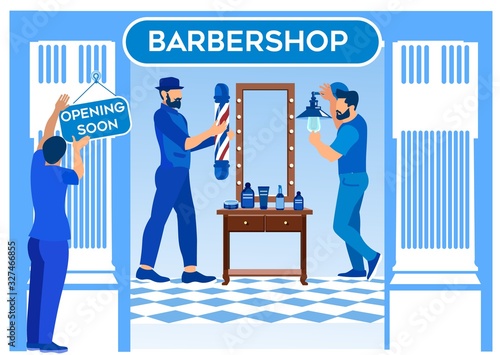 Barbershop Opening, Worker Hanging Signboard on Entrance, Bearded Barbers Hang Lamps on Wall Waiting Clients Stand near Mirror with Tools, Beauty Club for Men Fashion, Cartoon Flat Vector Illustration