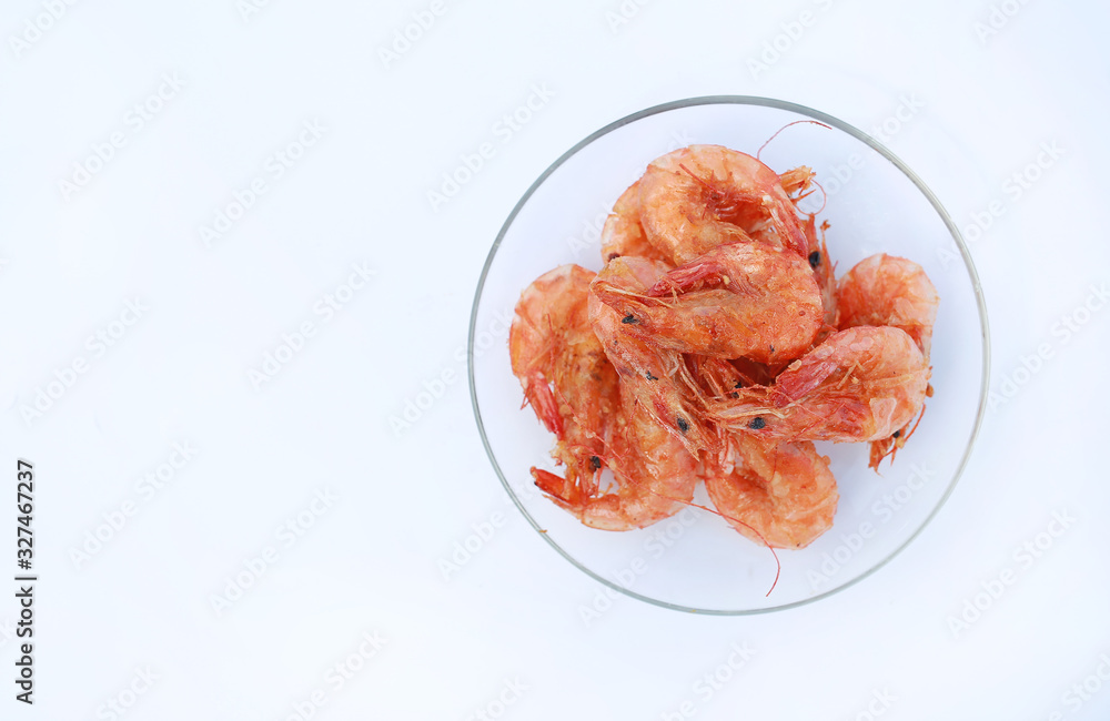 Top view Fried Shrimp in clear plate with copy space on white background. Top view Fried Shrimp in clear plate with copy space on white background.