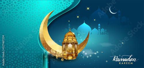 Ramadan Kareem design with arabic lantern, crescent and mosque, Elegant design template, place for text greeting card and banner for Ramadan kareem. Arabic calligraphy. translation is "Ramadan kareem"