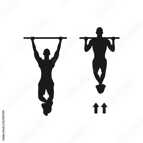 Male pull up workout steps silhouette. Man hanging on pull up bar. Gym workout. Healthy sport excercise. Calisthenics body building activity - Simple icon sign or symbol vector illustration.
