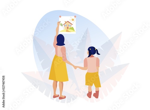 Two Girls, or Mother and Daughter, or Two Sisters, or Good Friends, Holding Hands, Hanging Childish Drawing with Countryside and Cute Little Village House, Path, Trees and Sun, on Wall