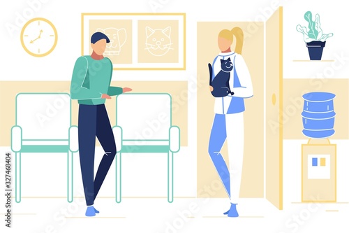 Young Man Bring his Cat to Consultation in Veterinary Clinic. Vet Doctor in White Robe Holding Pet on Hands at Cabinet Entrance in Hospital. Animal Lover Care of Pet, Cartoon Flat Vector Illustration