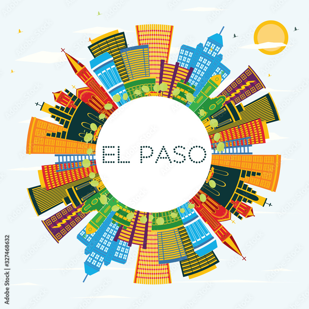 El Paso Texas City Skyline with Color Buildings, Blue Sky and Copy Space.