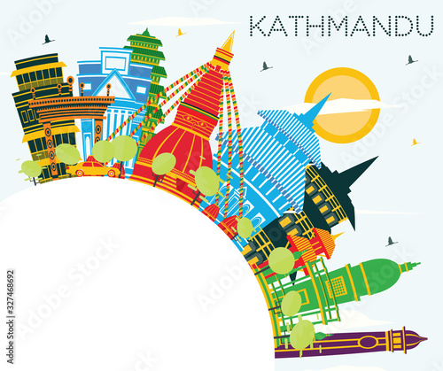 Kathmandu Nepal City Skyline with Color Buildings, Blue Sky and Copy Space.