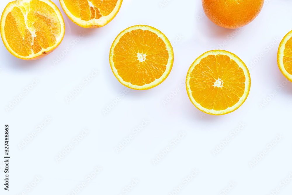 High vitamin C, Juicy and sweet. Fresh orange fruit on white. High vitamin C, Juicy and sweet. Fresh orange fruit on white.