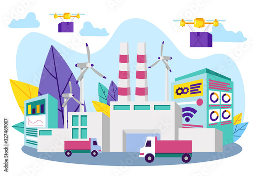 Truck on Background Industrial Enterprise. Computer Technology. Automation and Technology. Vector Illustration. Delivery System. Smart Idustry. Modern System. Fast Delivery. Cargo Drone with Box.