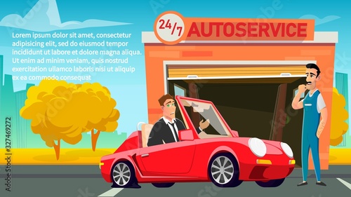 Text Poster Advertise Round The Clock Autoservice. Client on Red Car Visiting Repair Service for Scheduled Vehicle Diagnostics and Maintenance. Friendly Repairer Greeting Man. Vector Illustration