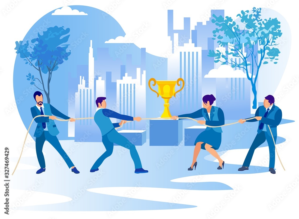 People on Business Competition. Men and Women Pulling Rope with Golden Goblet in Center. Creative Metaphor of Leadership Goal Achievement, Businesspeople Fight for Cup Cartoon Flat Vector Illustration People on Business Competition. Men and Women Pulling Rope with Golden Goblet in Center. Creative Metaphor of Leadership Goal Achievement, Businesspeople Fight for Cup Cartoon Flat Vector Illustration