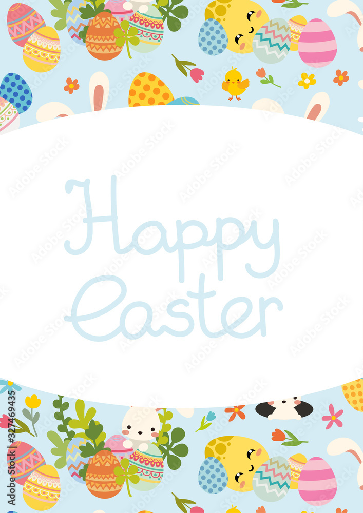 Vector Easter Rabbit with basket, decorative eggs and spring flowers, tulips. Blue Postcard with lettering. Oval template. Vector Easter Rabbit with basket, decorative eggs and spring flowers, tulips. Blue Postcard with lettering. Oval template.