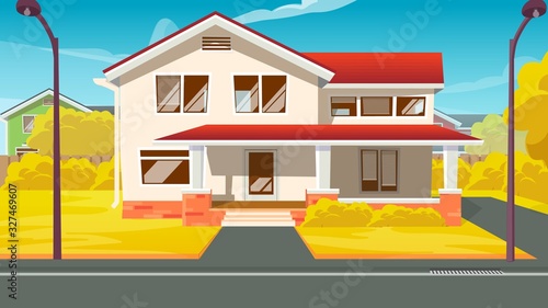 Dream Villa or Luxury Countryside House Exterior Flat Cartoon Vector Illustration. Detached Family House with Windows. Two-Storeyed Cottage Facade. Residential Building with Lawn in Autumn.