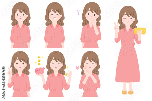 女性の表情とポーズのセット