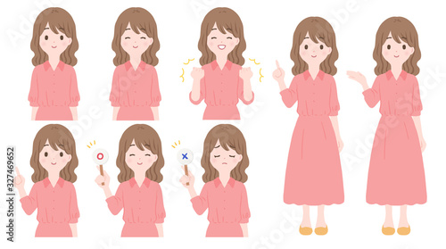 女性の表情とポーズのセット