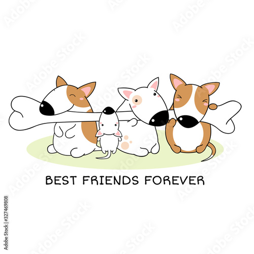Canvas Print Best friends forever. Four cute bull terriers with bone