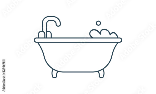 Bath tub line icon with shower head pouring water