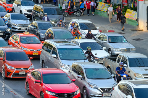 A stream of cars, Traffic jam in Bangkok, Largest city of Thailand.
