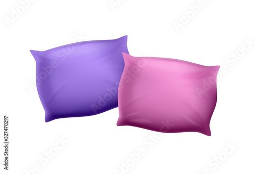 Pink and Purple Decorative Pillow on White Background. Cotton Surface. Orthopedic Pillow for Comfortable Sleep. Healthy Sleep. Sweet Dreams. Anatomical Form. Vector Illustration. Healthy Care.