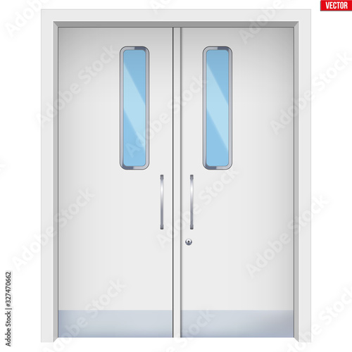 Hospital double doors. Element from medical hall. Emergency entrance. Vector Illustration isolated on white background.