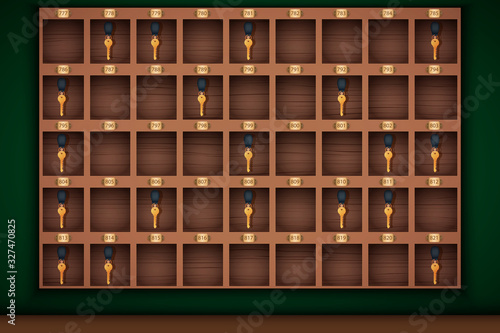 Vintage hotel front desk key rack on reception. Concierge workplace. Hotel and resort background. Vector Illustration.