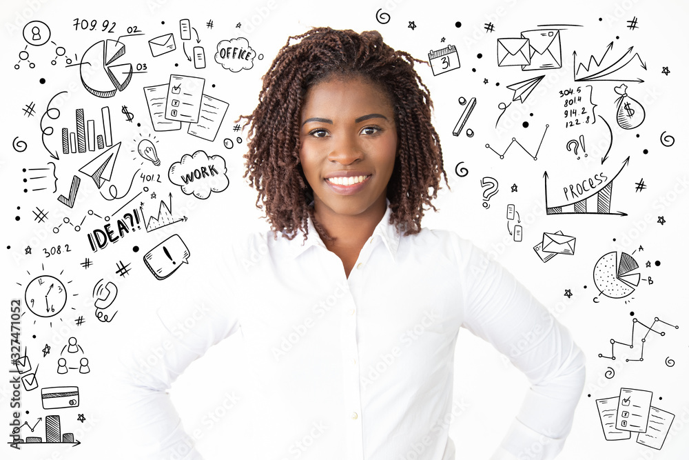 Hand drawn business pictures with content young businesswoman smiling at camera. Portrait of cheerful business woman in white shirt standing with hand on waist and looking at camera. Business concept Hand drawn business pictures with content young businesswoman smiling at camera. Portrait of cheerful business woman in white shirt standing with hand on waist and looking at camera. Business concept